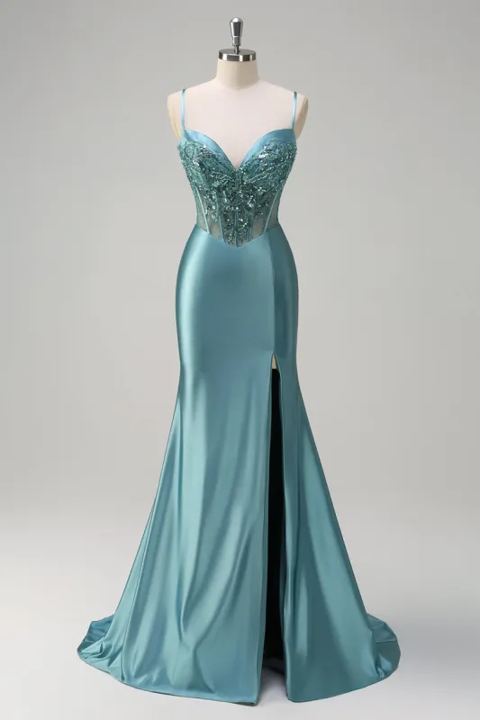 Sparkly Grey Green Mermaid Spaghetti Straps Corset Long Prom Dress with Slit sold by Zapaka