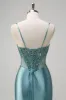 Sparkly Grey Green Mermaid Spaghetti Straps Corset Long Prom Dress with Slit sold by Zapaka