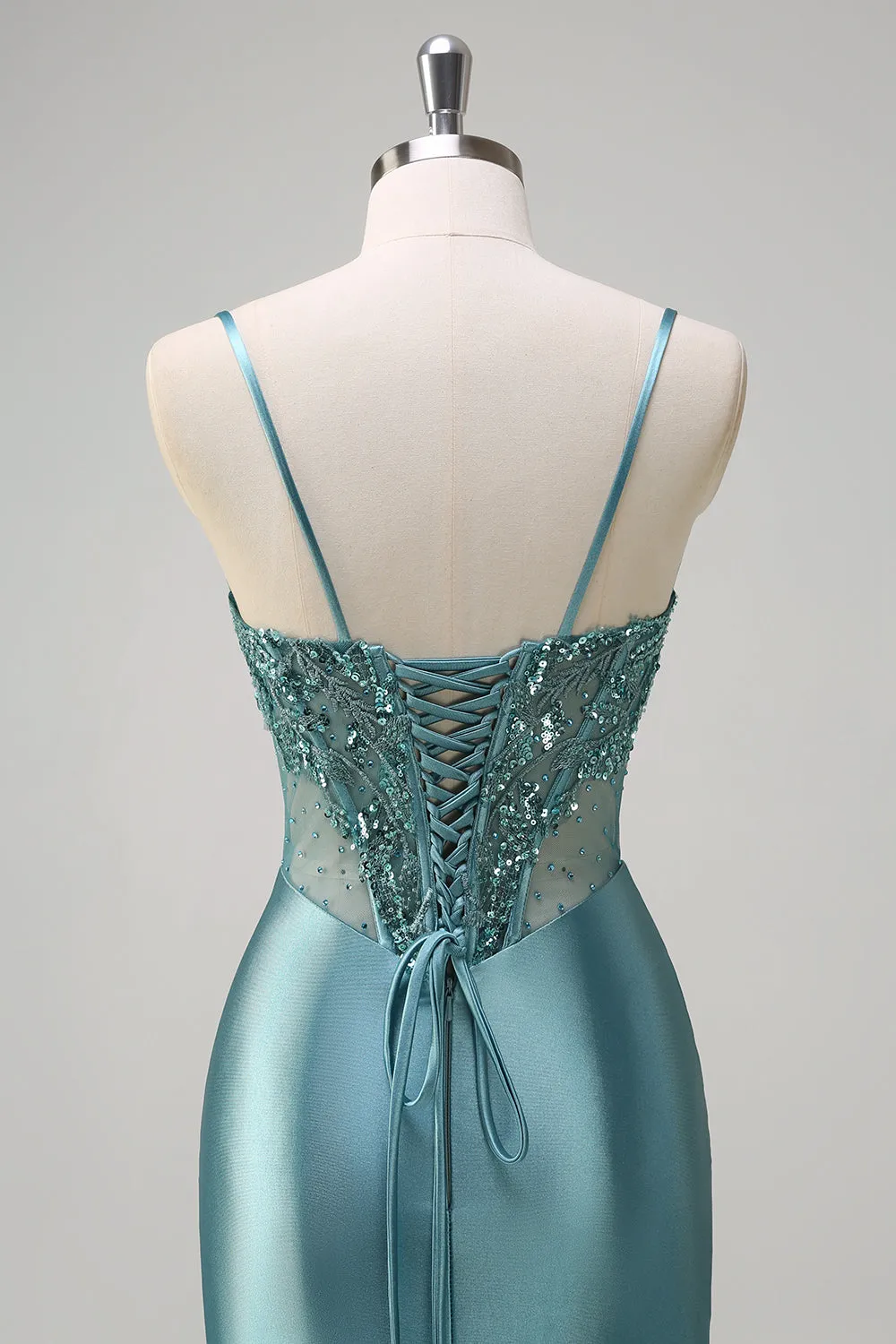 Sparkly Grey Green Mermaid Spaghetti Straps Corset Long Prom Dress with Slit sold by Zapaka product image thumbnail 5