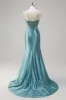 Sparkly Grey Green Mermaid Spaghetti Straps Corset Long Prom Dress with Slit sold by Zapaka