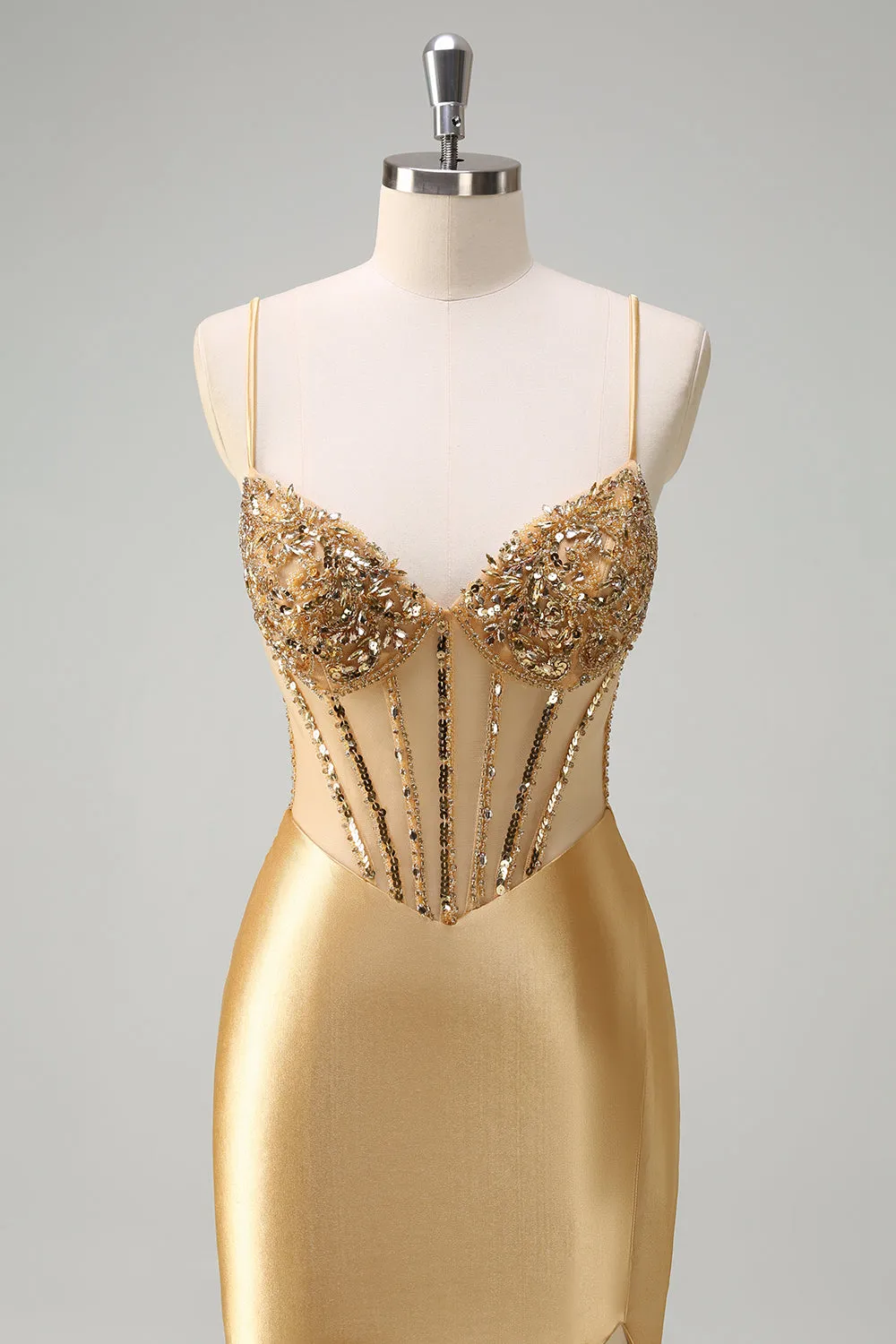 Sparkly Golden Mermaid Spaghetti Straps Corset Long Prom Dress with Slit sold by Zapaka product image thumbnail 4