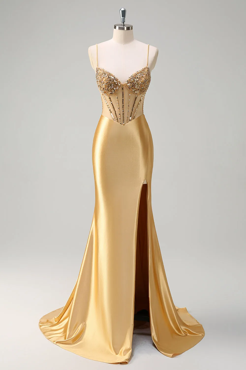 Sparkly Golden Mermaid Spaghetti Straps Corset Long Prom Dress with Slit sold by Zapaka