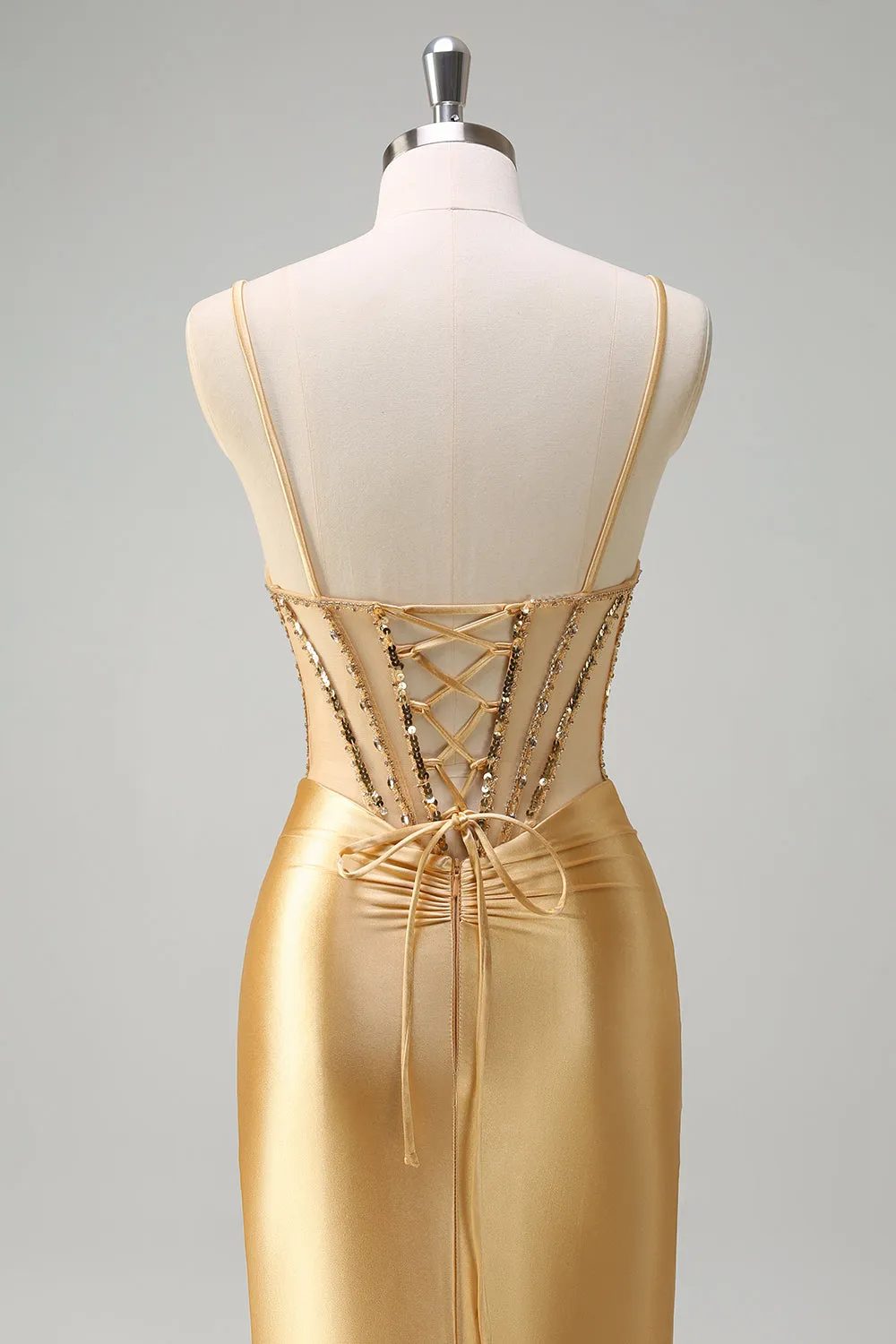 Sparkly Golden Mermaid Spaghetti Straps Corset Long Prom Dress with Slit sold by Zapaka product image thumbnail 5