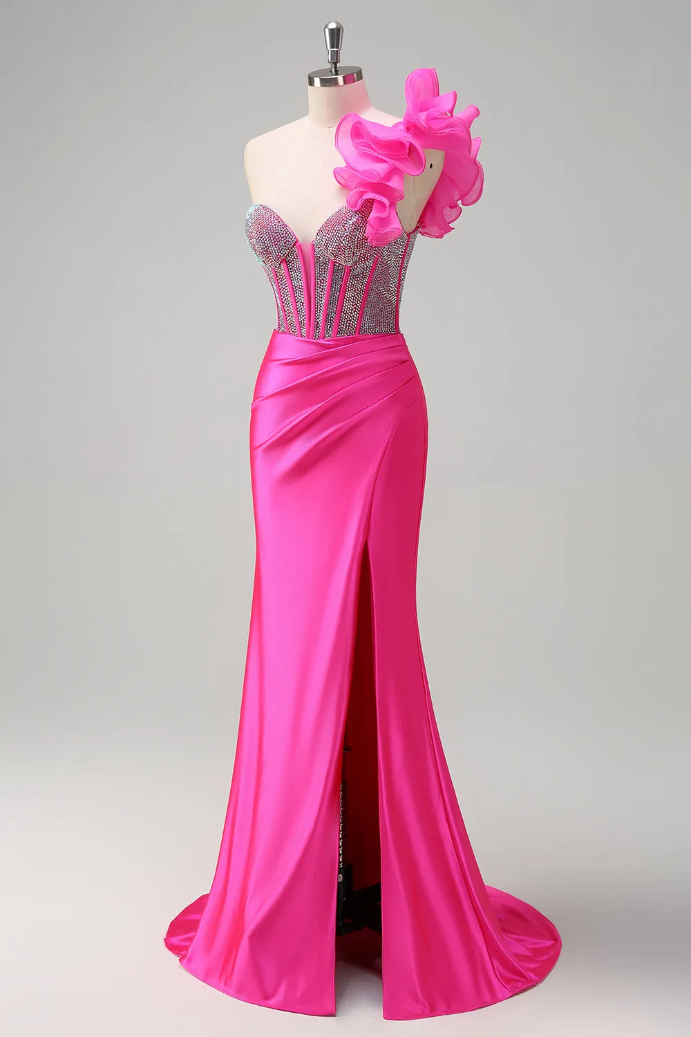 Sparkly Fuchsia Mermaid One Shoulder Removable Ruffles Long Prom Dress with Slit sold by Zapaka product image thumbnail 3