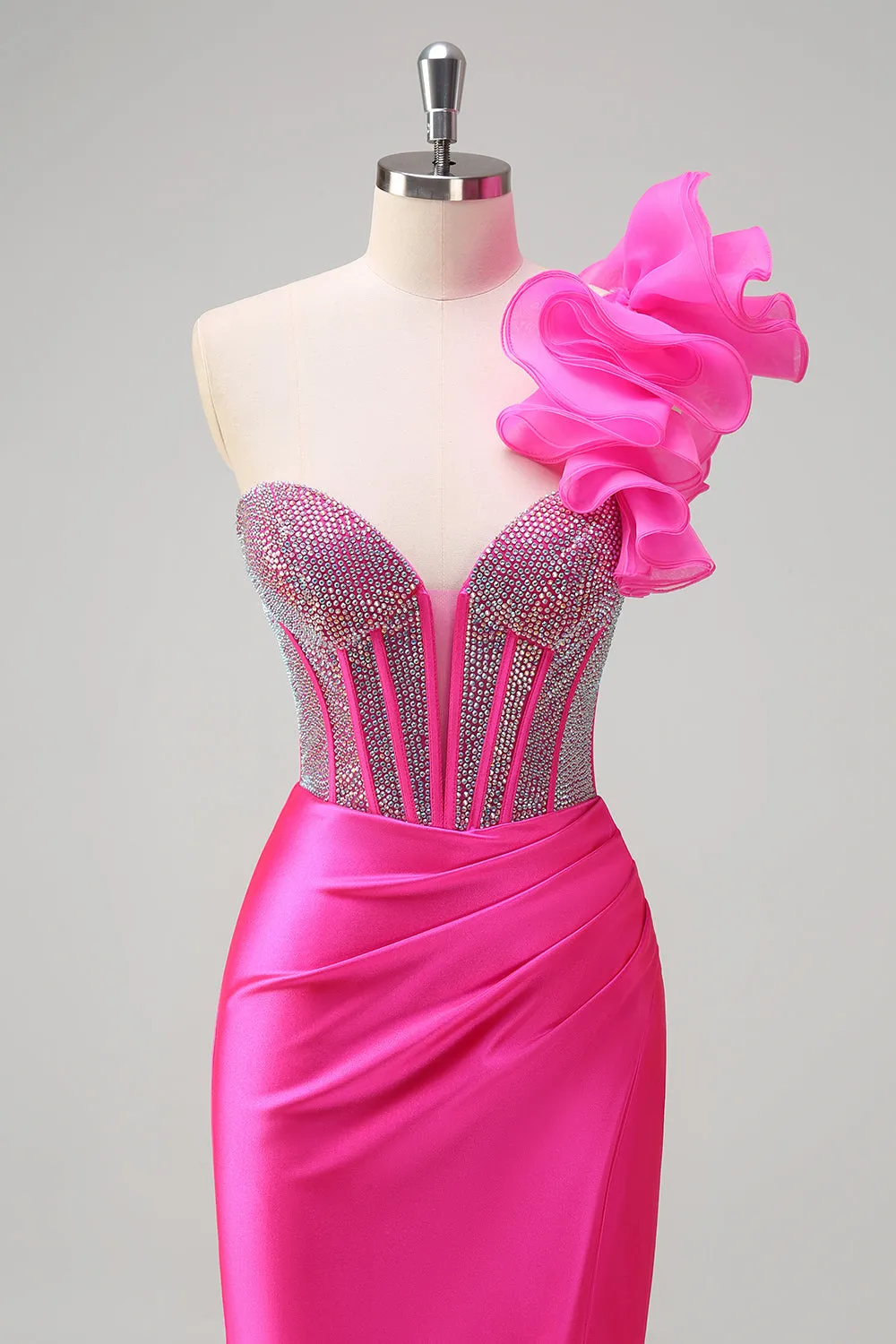 Sparkly Fuchsia Mermaid One Shoulder Removable Ruffles Long Prom Dress with Slit sold by Zapaka product image thumbnail 4
