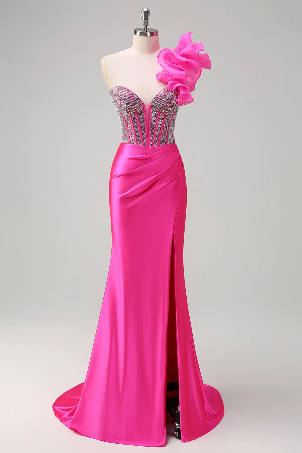 Sparkly Fuchsia Mermaid One Shoulder Removable Ruffles Long Prom Dress with Slit sold by Zapaka