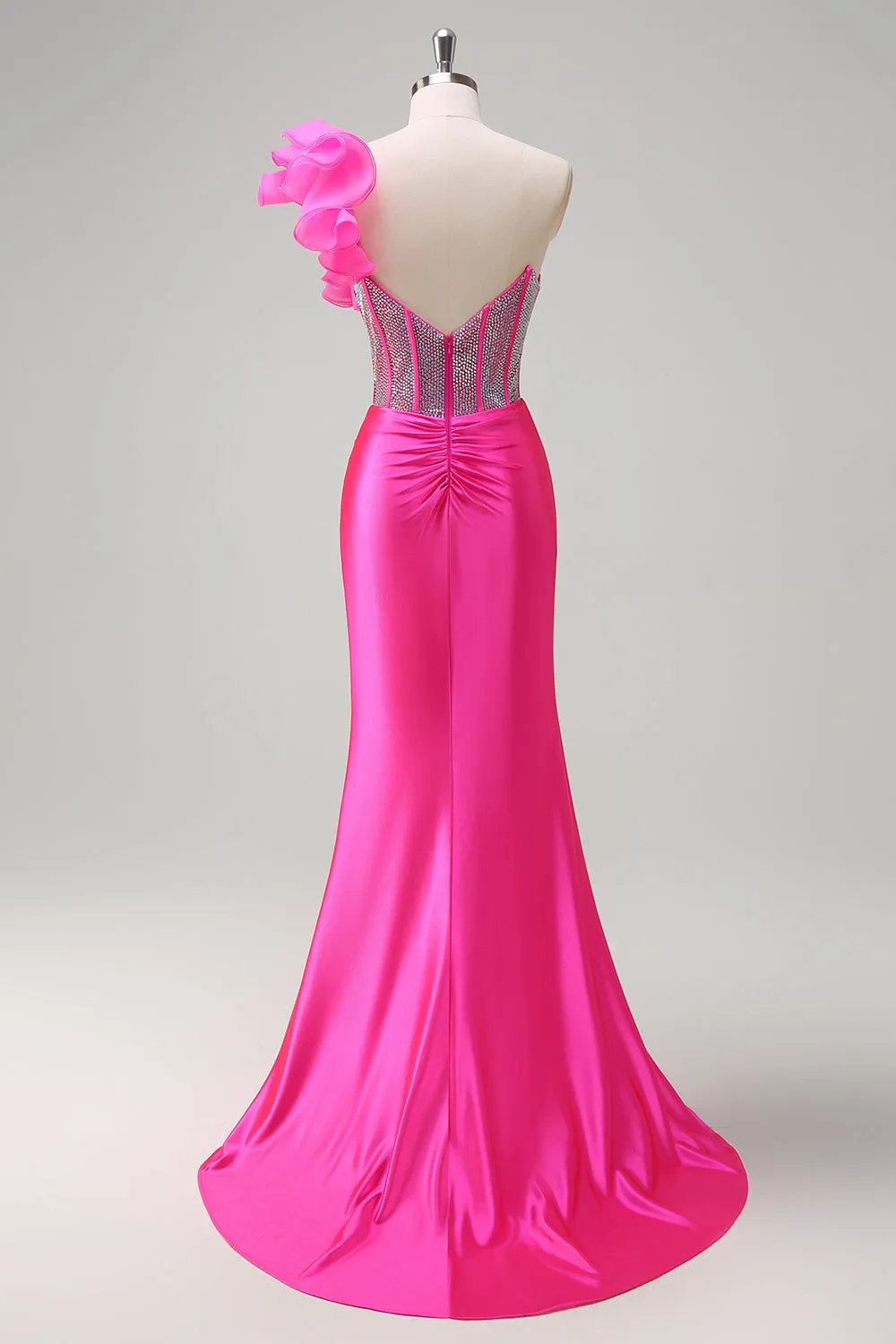 Sparkly Fuchsia Mermaid One Shoulder Removable Ruffles Long Prom Dress with Slit sold by Zapaka product image thumbnail 2