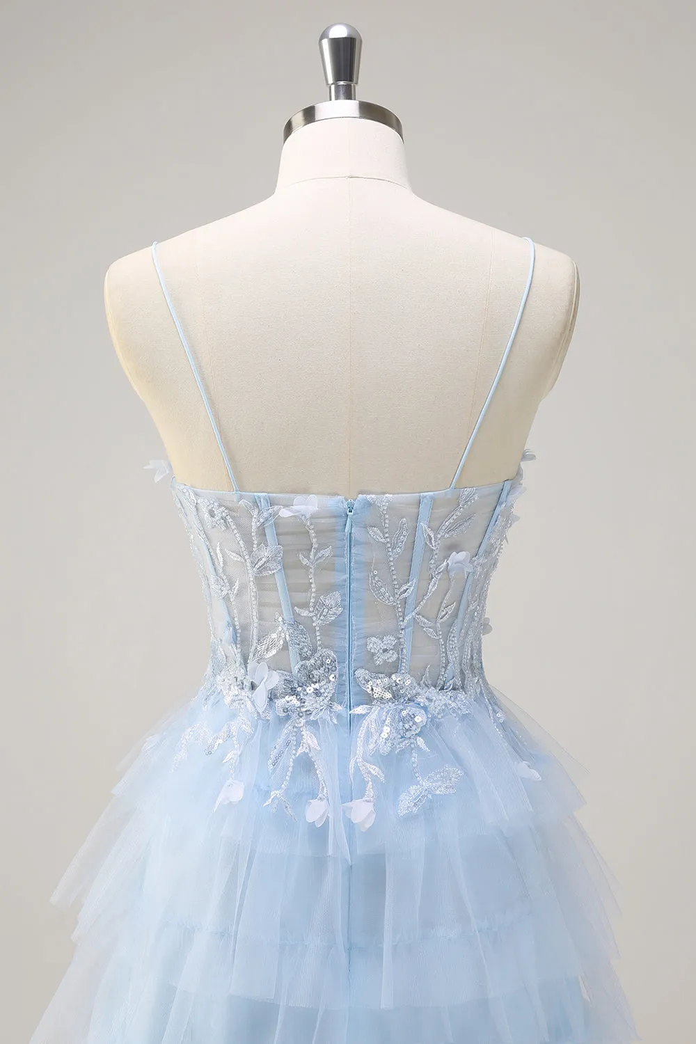 Light Blue Spaghetti Straps A-Line Tulle Tiered Long Corset Prom Dress with Slit sold by Zapaka product image thumbnail 5