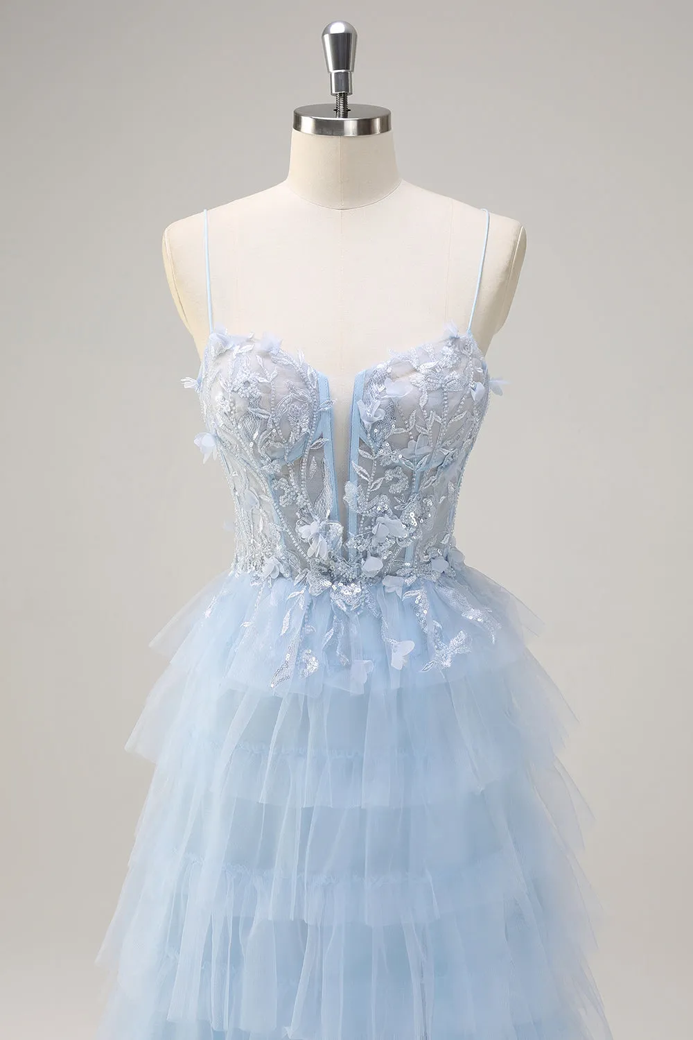 Light Blue Spaghetti Straps A-Line Tulle Tiered Long Corset Prom Dress with Slit sold by Zapaka product image thumbnail 4