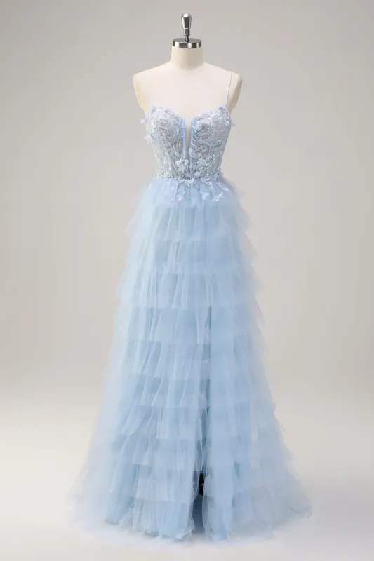Light Blue Spaghetti Straps A-Line Tulle Tiered Long Corset Prom Dress with Slit sold by Zapaka