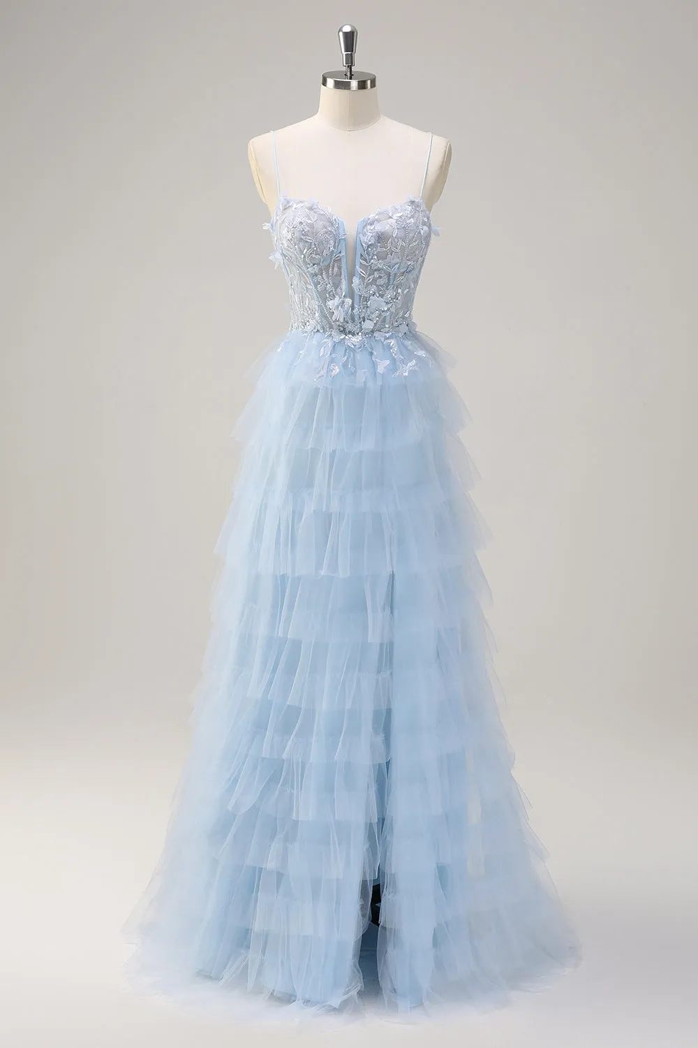 Light Blue Spaghetti Straps A-Line Tulle Tiered Long Corset Prom Dress with Slit sold by Zapaka