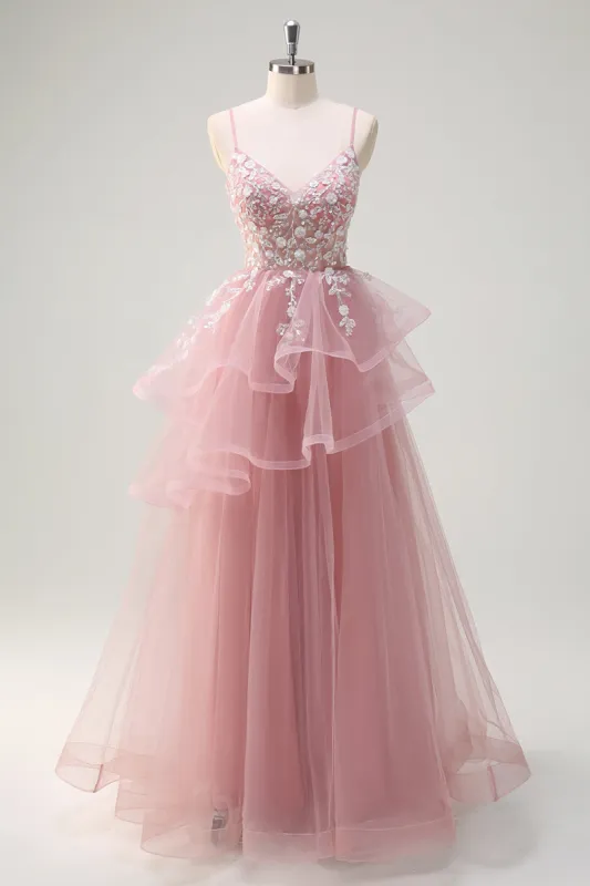 Grey Pink A-Line Spiral Ruffle Tiered Long Corset Prom Dress with Appliques sold by Zapaka