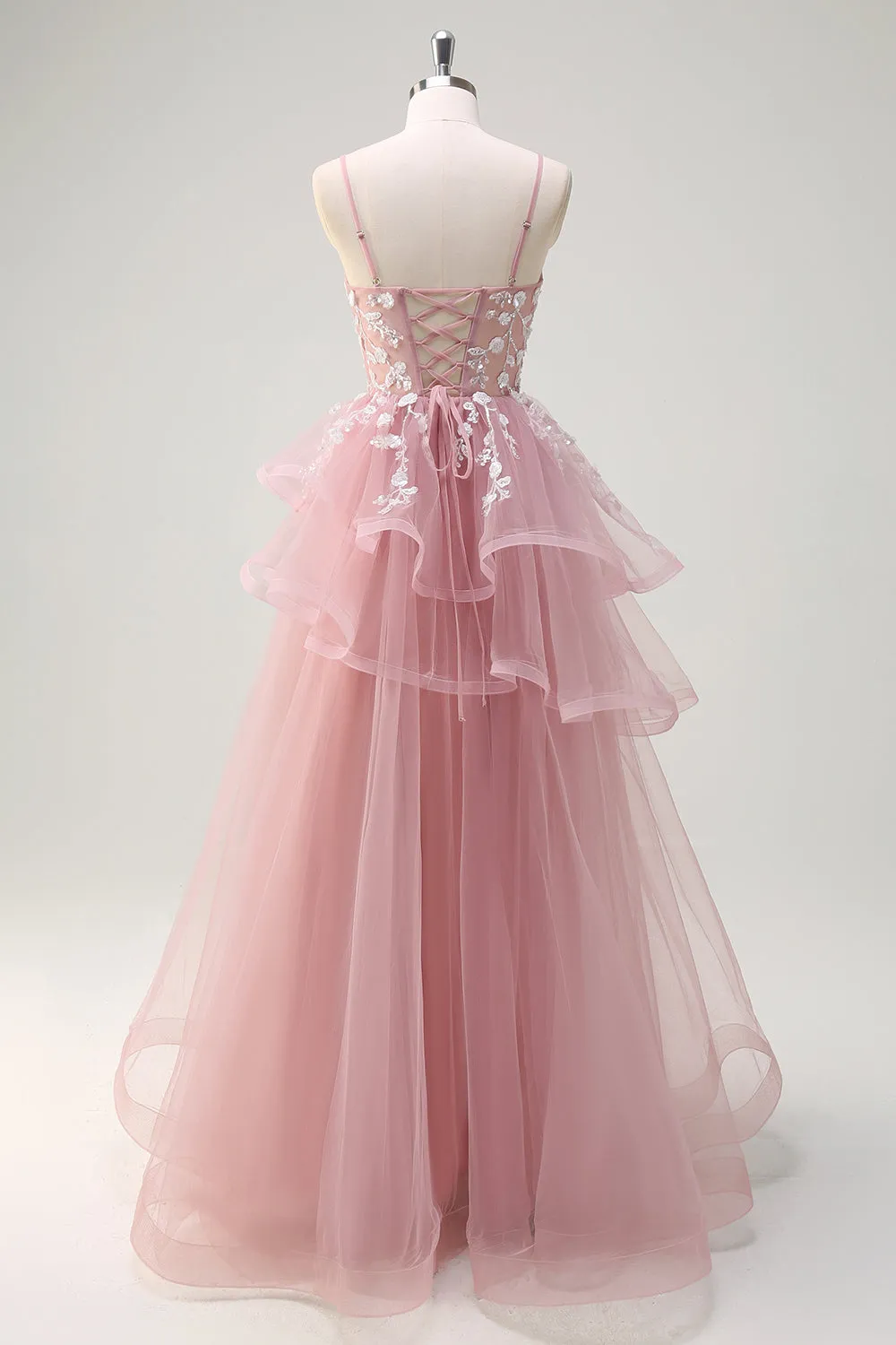 Grey Pink A-Line Spiral Ruffle Tiered Long Corset Prom Dress with Appliques sold by Zapaka product image thumbnail 2