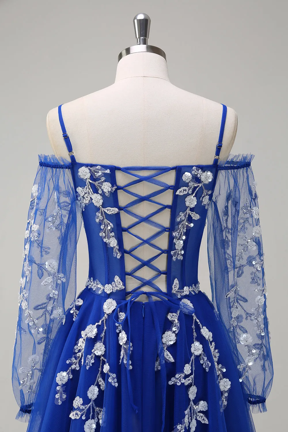 Sparkly Royal Blue A-Line Cold Shoulder Long Sleeves Long Prom Dress with Appliques sold by Zapaka product image thumbnail 5