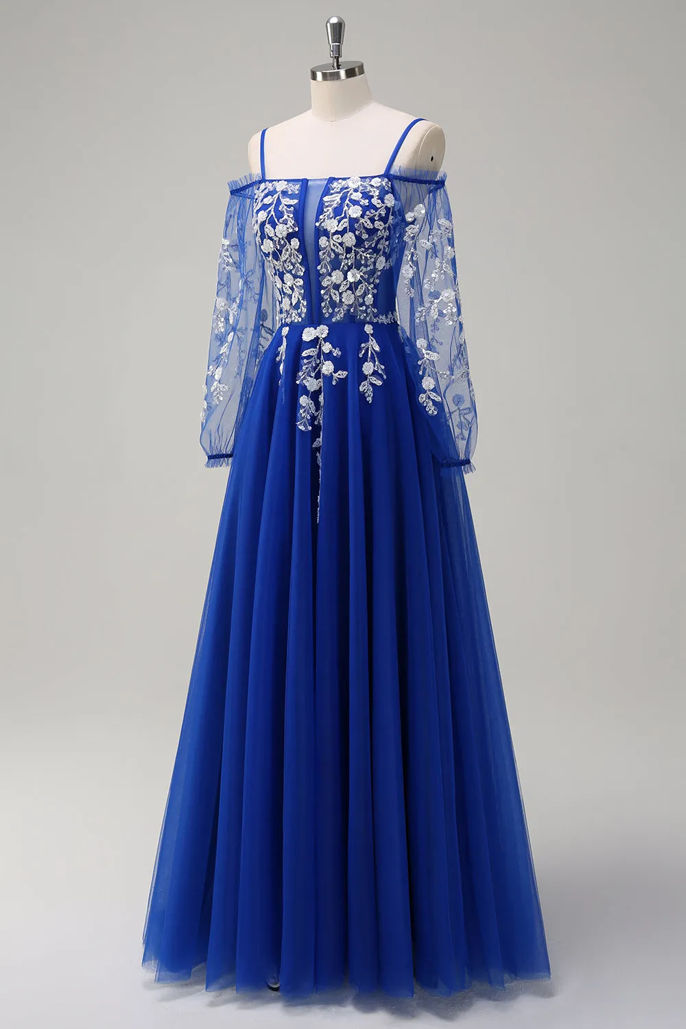 Sparkly Royal Blue A-Line Cold Shoulder Long Sleeves Long Prom Dress with Appliques sold by Zapaka product image thumbnail 3