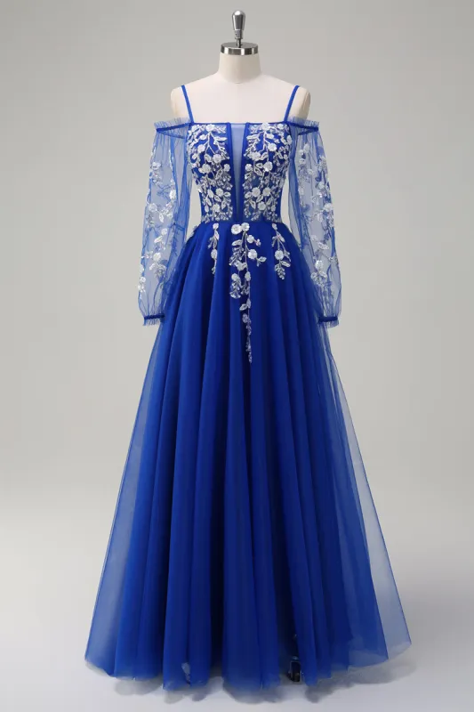 Sparkly Royal Blue A-Line Cold Shoulder Long Sleeves Long Prom Dress with Appliques sold by Zapaka
