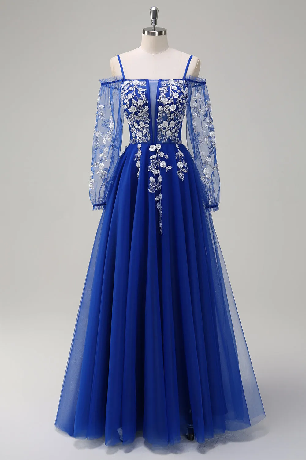 Sparkly Royal Blue A-Line Cold Shoulder Long Sleeves Long Prom Dress with Appliques sold by Zapaka