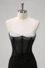 Sparkly Black Mermaid Spaghetti Straps Corset Beaded Long Prom Dress with Slit sold by Zapaka
