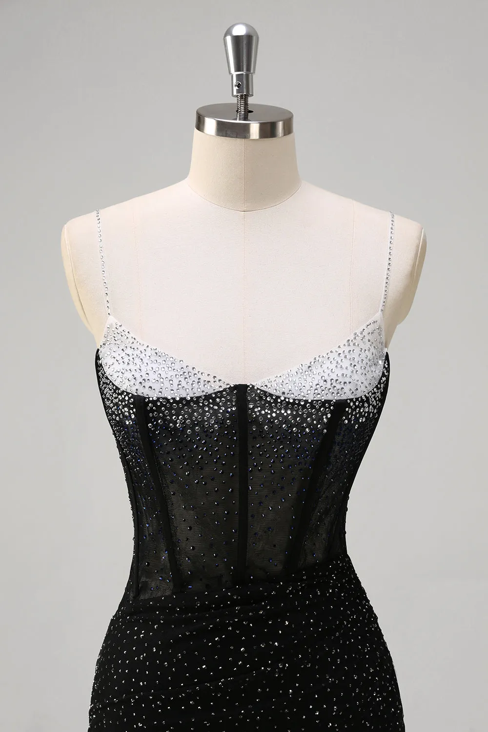 Sparkly Black Mermaid Spaghetti Straps Corset Beaded Long Prom Dress with Slit sold by Zapaka product image thumbnail 4