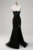 Sparkly Black Mermaid Spaghetti Straps Corset Beaded Long Prom Dress with Slit sold by Zapaka