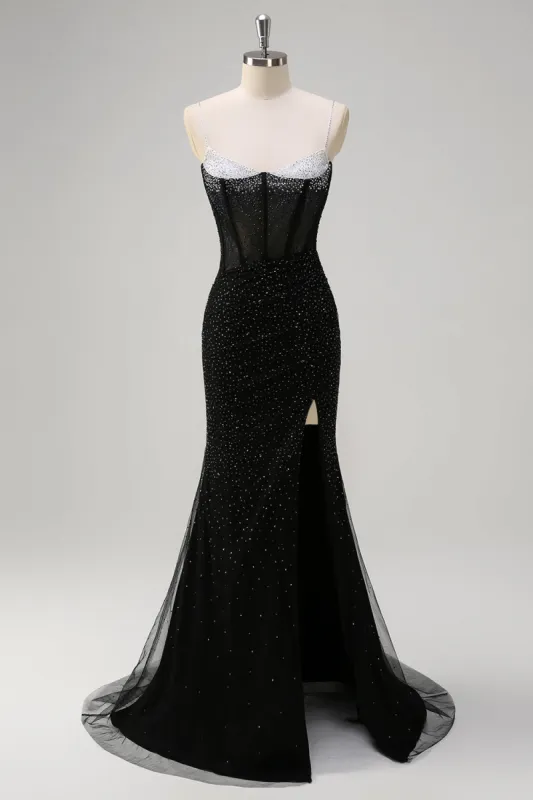 Sparkly Black Mermaid Spaghetti Straps Corset Beaded Long Prom Dress with Slit sold by Zapaka