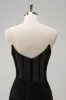 Sparkly Black Mermaid Spaghetti Straps Corset Beaded Long Prom Dress with Slit sold by Zapaka