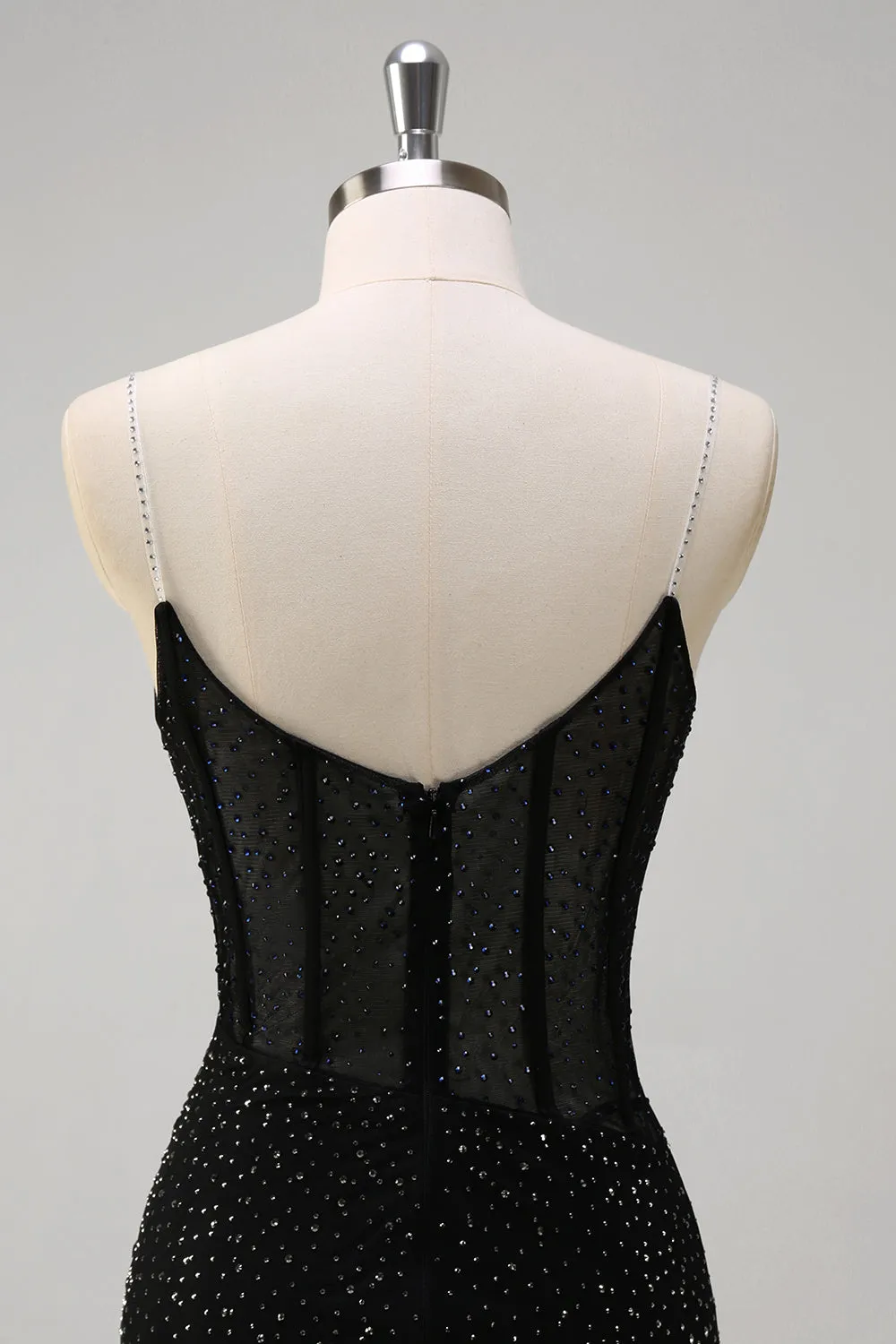 Sparkly Black Mermaid Spaghetti Straps Corset Beaded Long Prom Dress with Slit sold by Zapaka product image thumbnail 5