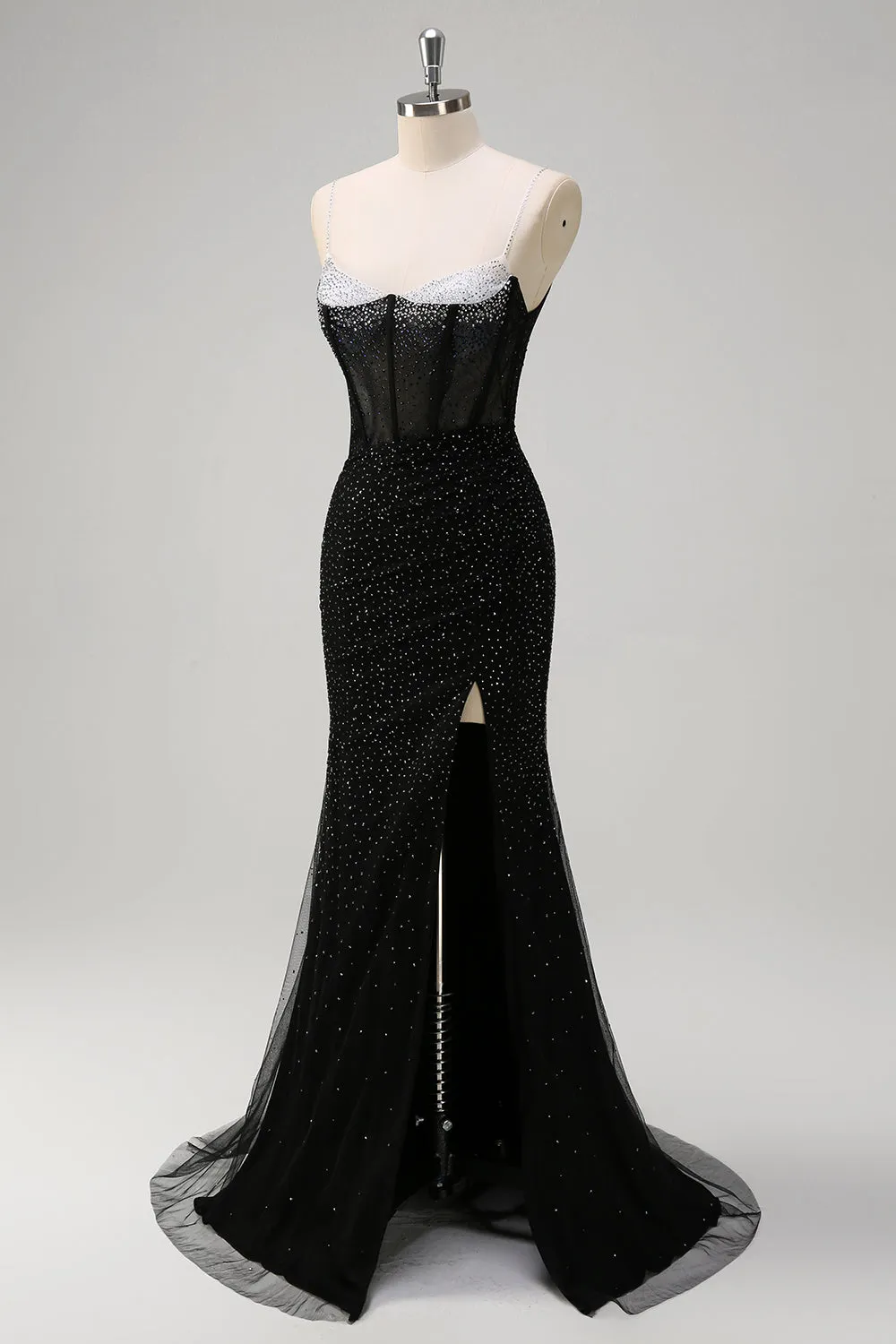 Sparkly Black Mermaid Spaghetti Straps Corset Beaded Long Prom Dress with Slit sold by Zapaka product image thumbnail 3