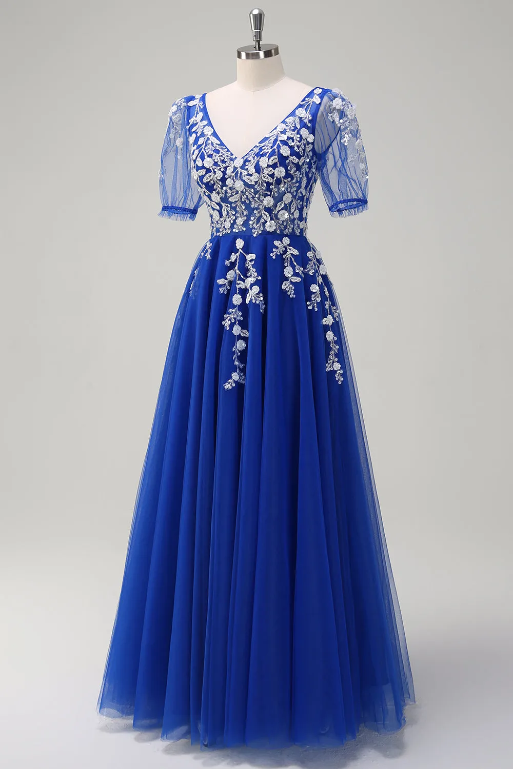 Sparkly Royal Blue A-Line V Neck Appliques Tulle Long Prom Dress with Short Sleeves sold by Zapaka product image thumbnail 3
