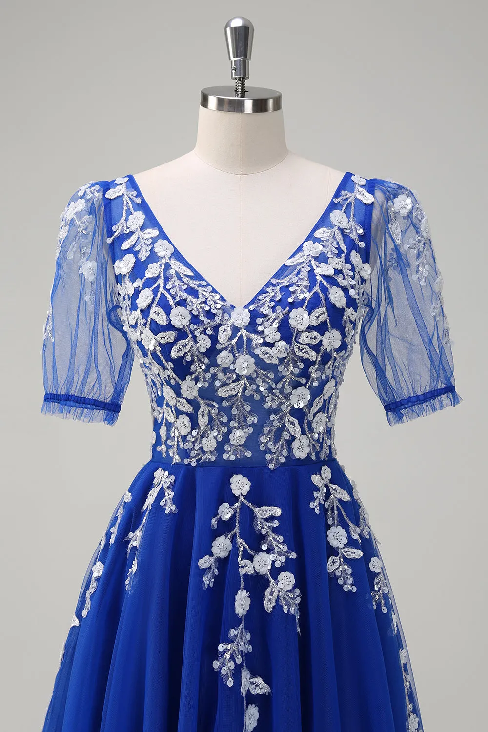 Sparkly Royal Blue A-Line V Neck Appliques Tulle Long Prom Dress with Short Sleeves sold by Zapaka product image thumbnail 4