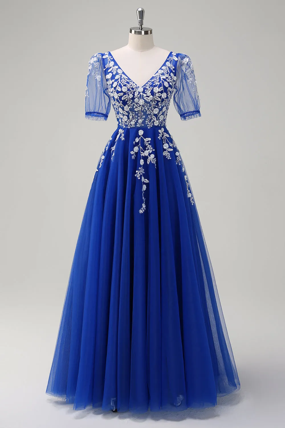 Sparkly Royal Blue A-Line V Neck Appliques Tulle Long Prom Dress with Short Sleeves sold by Zapaka