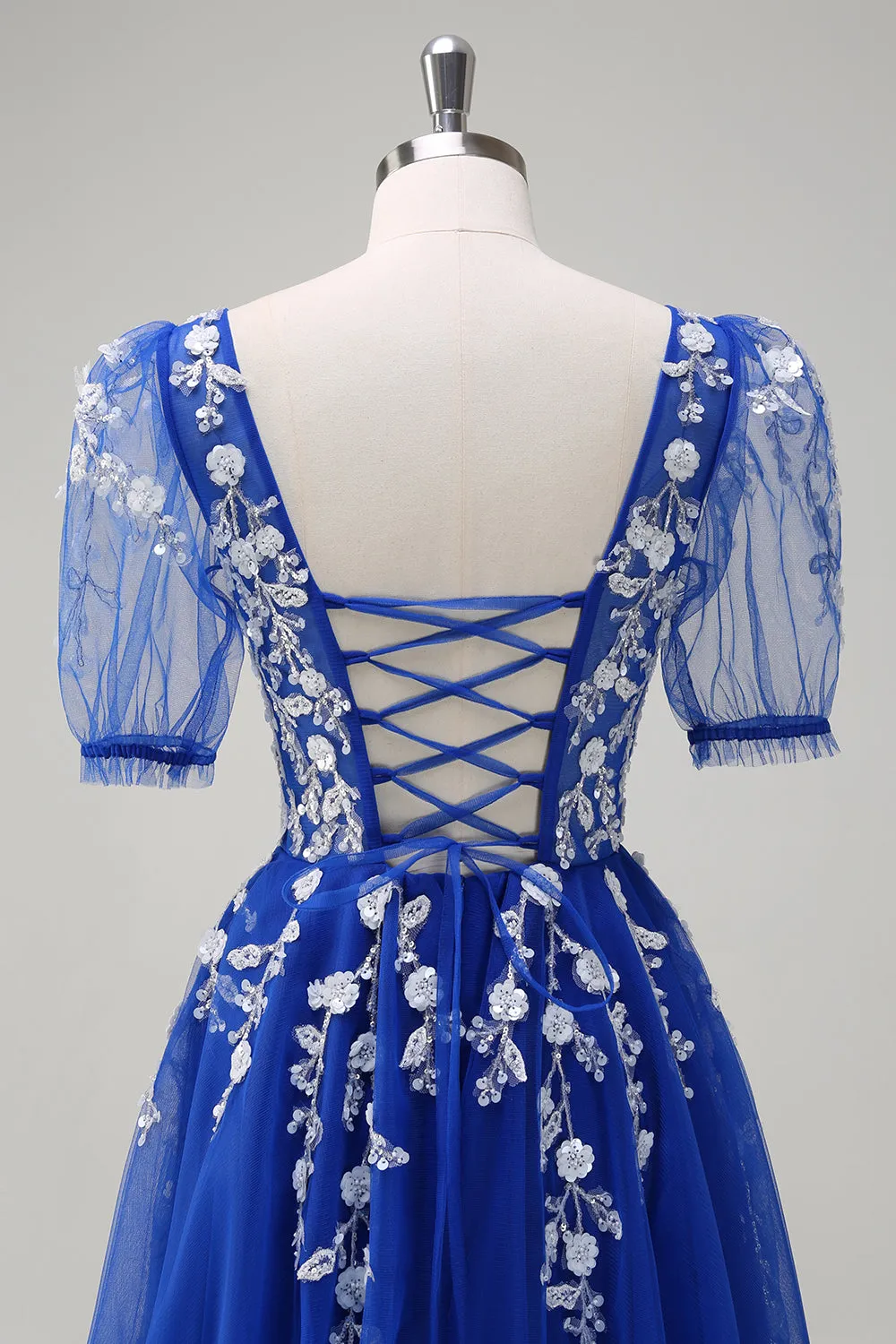 Sparkly Royal Blue A-Line V Neck Appliques Tulle Long Prom Dress with Short Sleeves sold by Zapaka product image thumbnail 5