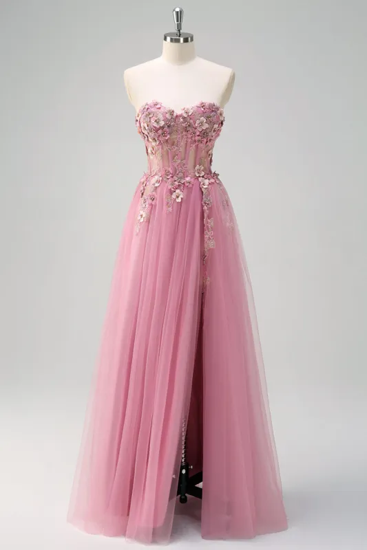 Taro Purple A-Line Strapless 3D Flower Corset Long Prom Dress with Slit sold by Zapaka