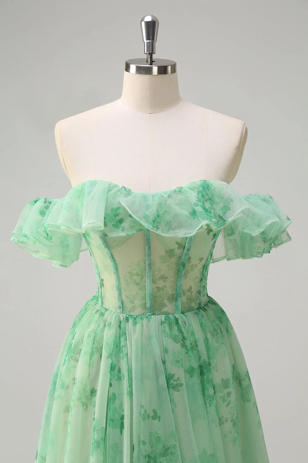 Green A Line Off The Shoulder Corset Ruffled Print Long Prom Dress with Slit sold by Zapaka product image thumbnail 4