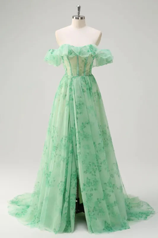 Green A Line Off The Shoulder Corset Ruffled Print Long Prom Dress with Slit sold by Zapaka