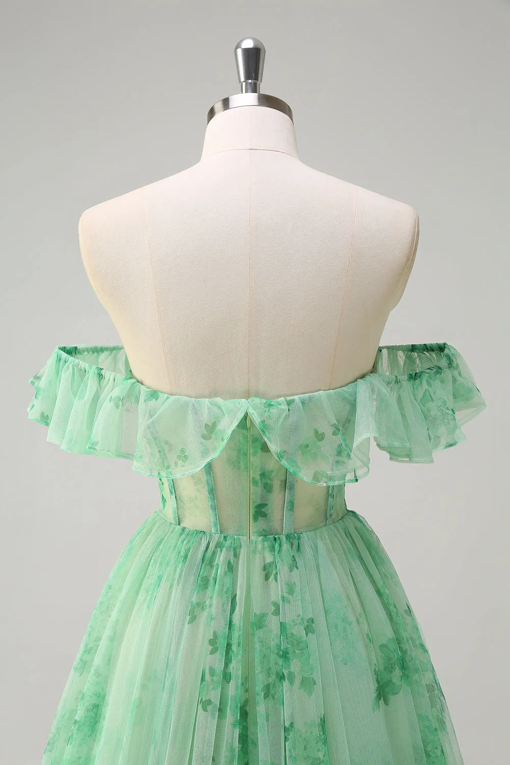 Green A Line Off The Shoulder Corset Ruffled Print Long Prom Dress with Slit sold by Zapaka product image thumbnail 5
