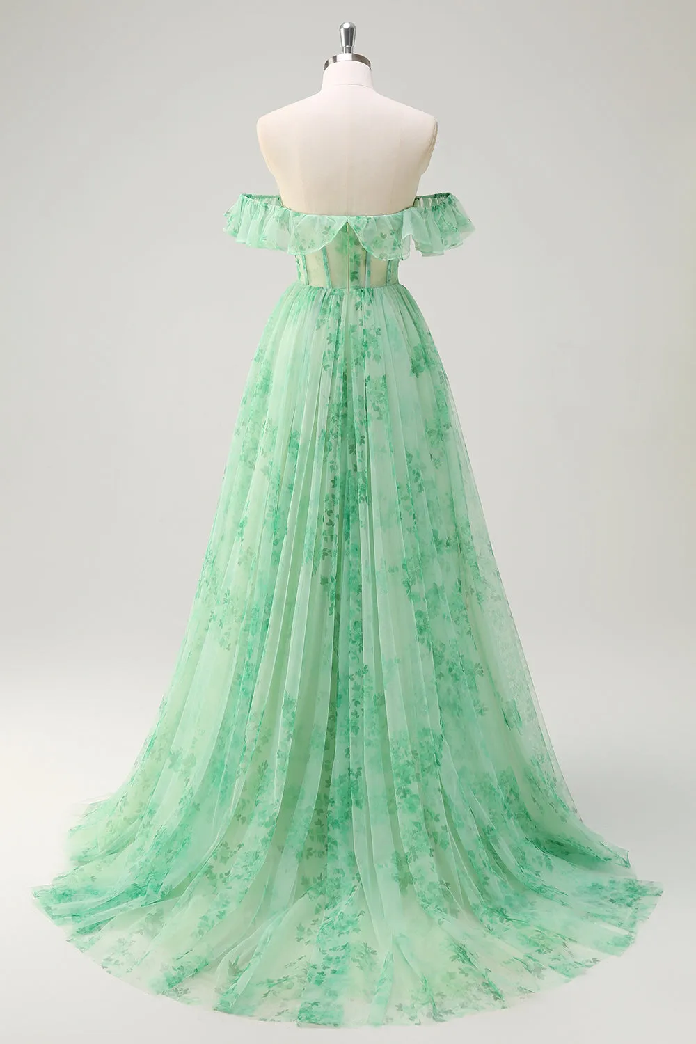 Green A Line Off The Shoulder Corset Ruffled Print Long Prom Dress with Slit sold by Zapaka product image thumbnail 2