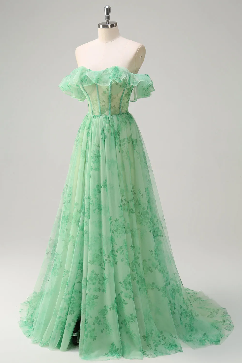 Green A Line Off The Shoulder Corset Ruffled Print Long Prom Dress with Slit sold by Zapaka product image thumbnail 3