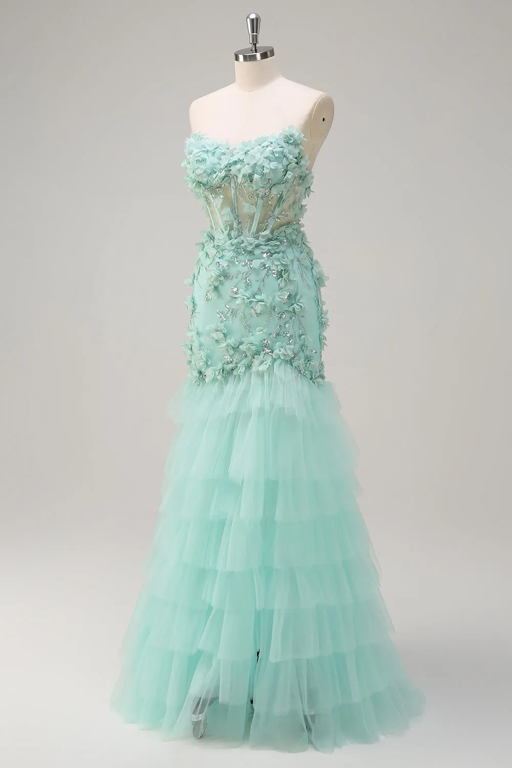 Green Mermaid Strapless Sheer Corset Ruffled Long Prom Dress with 3D Flowers sold by Zapaka product image thumbnail 3