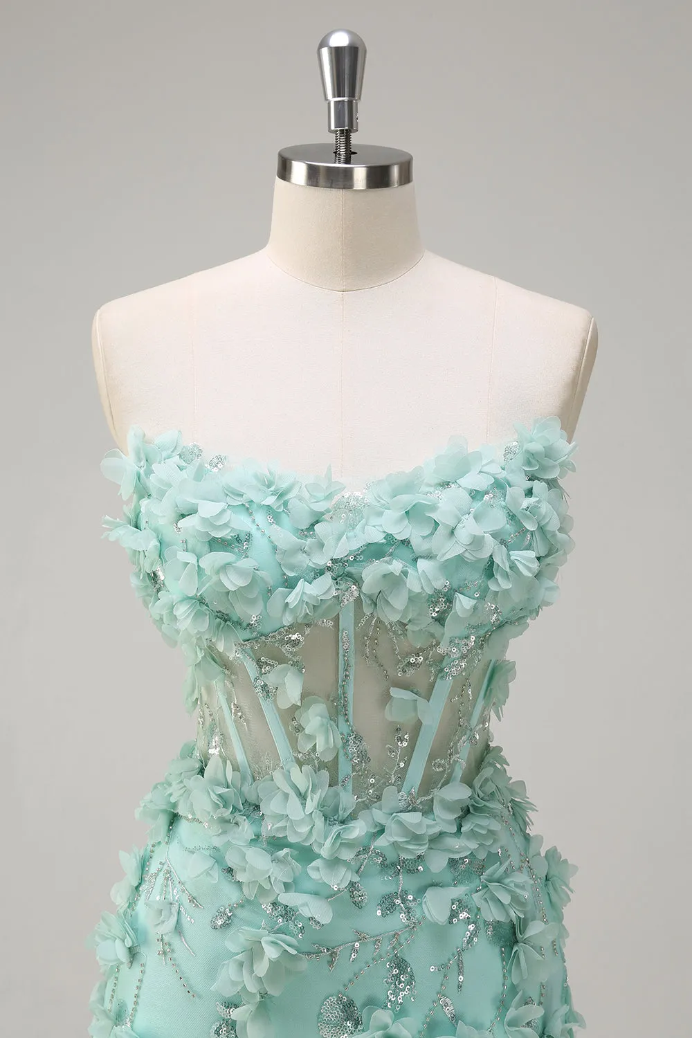 Green Mermaid Strapless Sheer Corset Ruffled Long Prom Dress with 3D Flowers sold by Zapaka product image thumbnail 4