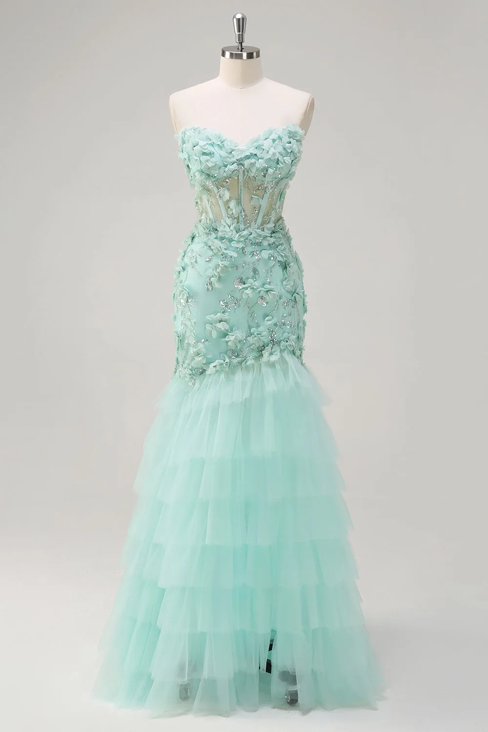 Green Mermaid Strapless Sheer Corset Ruffled Long Prom Dress with 3D Flowers sold by Zapaka