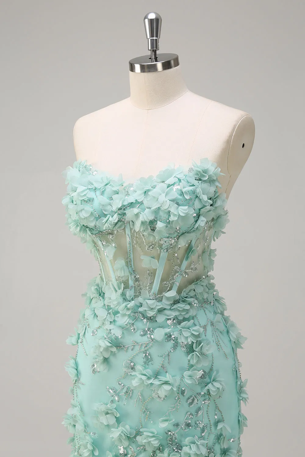 Green Mermaid Strapless Sheer Corset Ruffled Long Prom Dress with 3D Flowers sold by Zapaka product image thumbnail 5