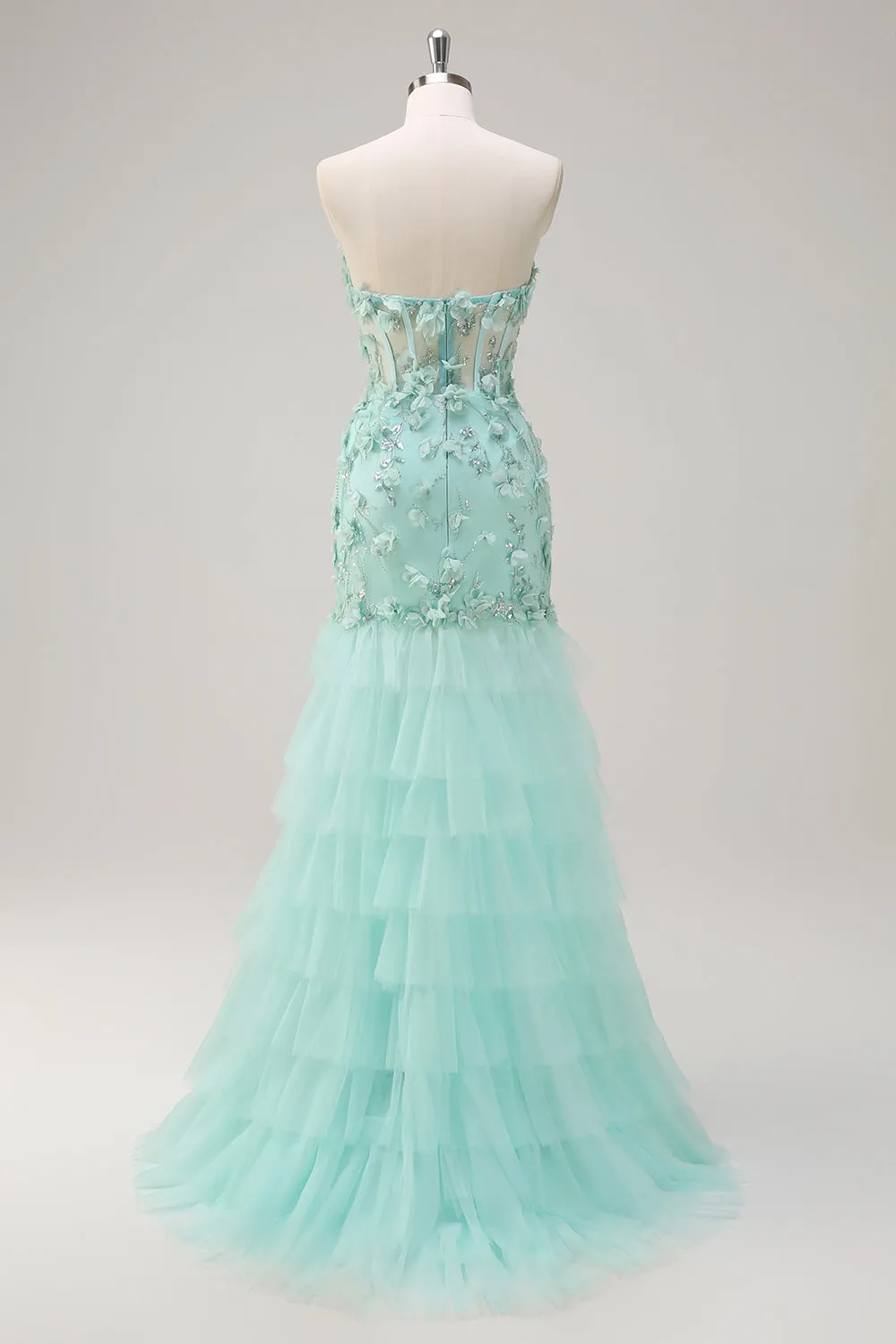 Green Mermaid Strapless Sheer Corset Ruffled Long Prom Dress with 3D Flowers sold by Zapaka product image thumbnail 2