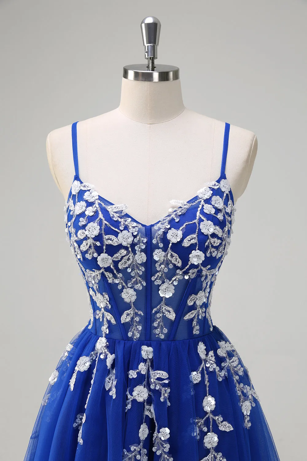 Royal Blue A-Line Spaghetti Straps Applique Sequined Prom Dress with Slit sold by Zapaka product image thumbnail 4