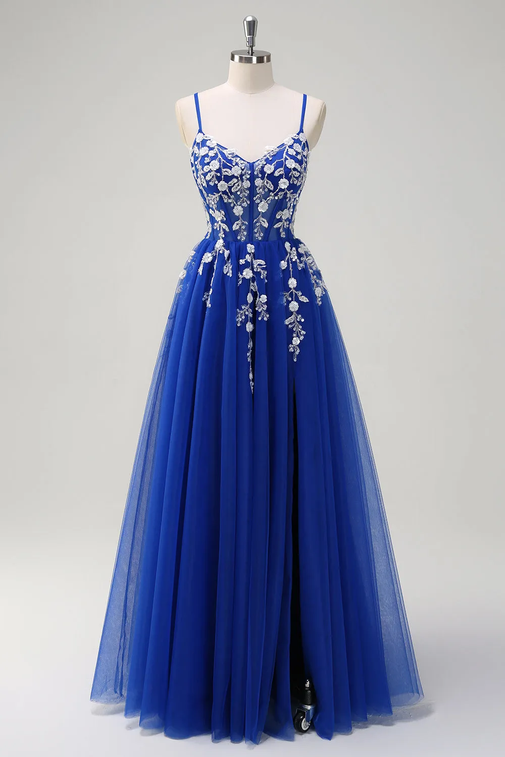 Royal Blue A-Line Spaghetti Straps Applique Sequined Prom Dress with Slit sold by Zapaka