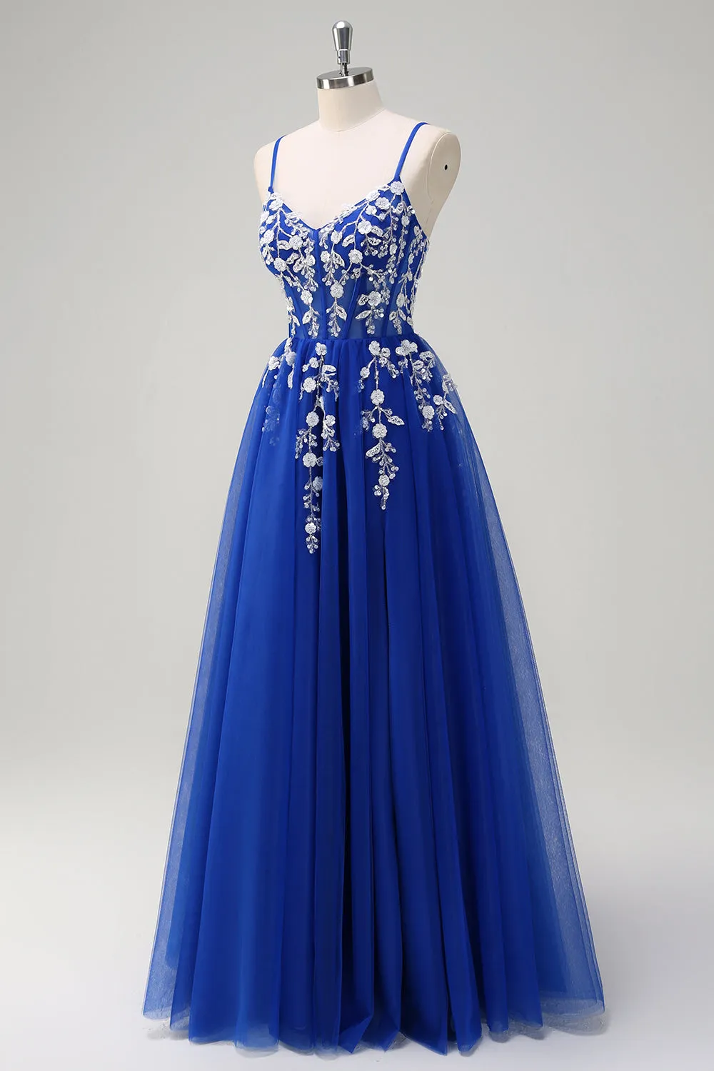 Royal Blue A-Line Spaghetti Straps Applique Sequined Prom Dress with Slit sold by Zapaka product image thumbnail 3