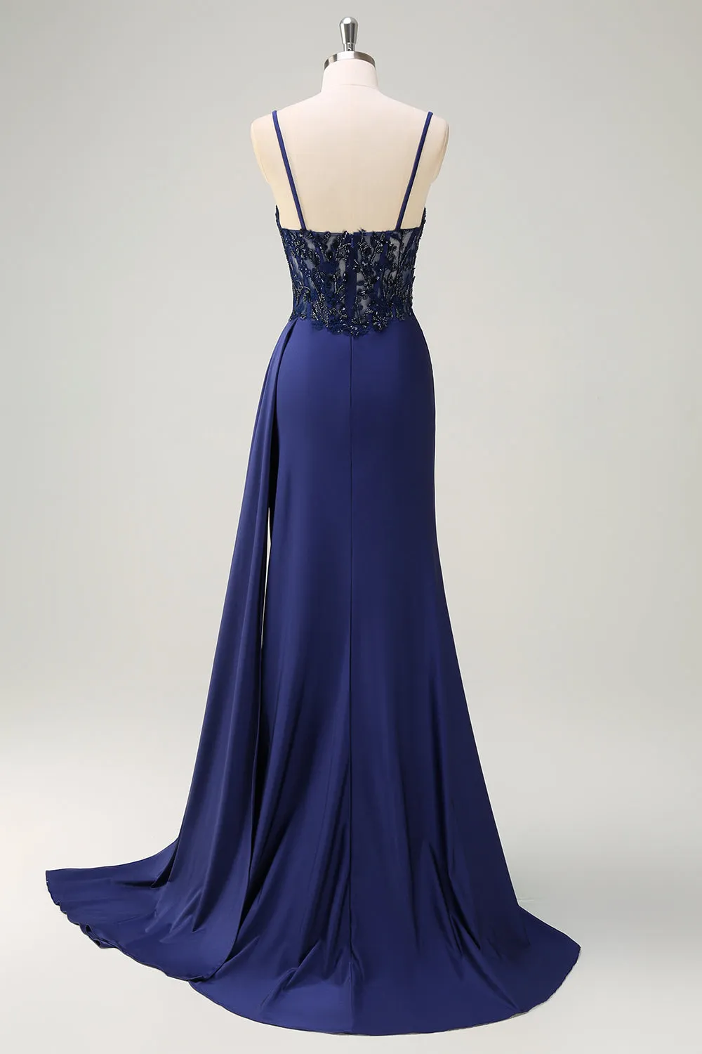 Navy Blue Mermaid Spaghetti Straps Ruched Streamer Long Prom Dress with Lace sold by Zapaka product image thumbnail 2