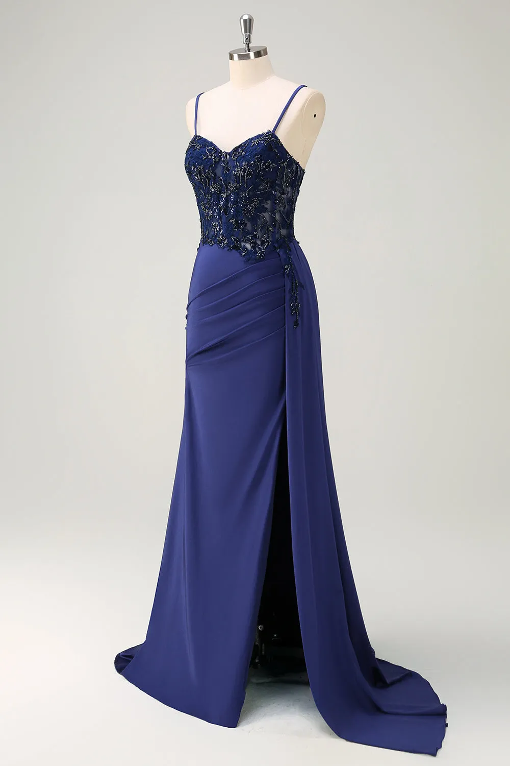 Navy Blue Mermaid Spaghetti Straps Ruched Streamer Long Prom Dress with Lace sold by Zapaka product image thumbnail 3