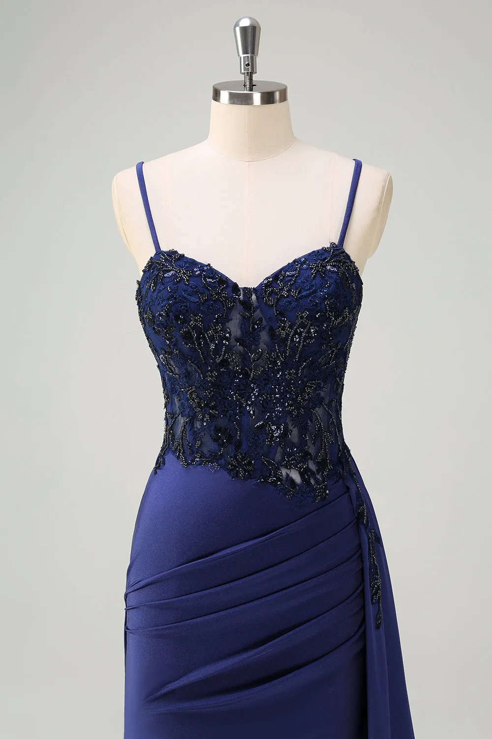 Navy Blue Mermaid Spaghetti Straps Ruched Streamer Long Prom Dress with Lace sold by Zapaka product image thumbnail 4