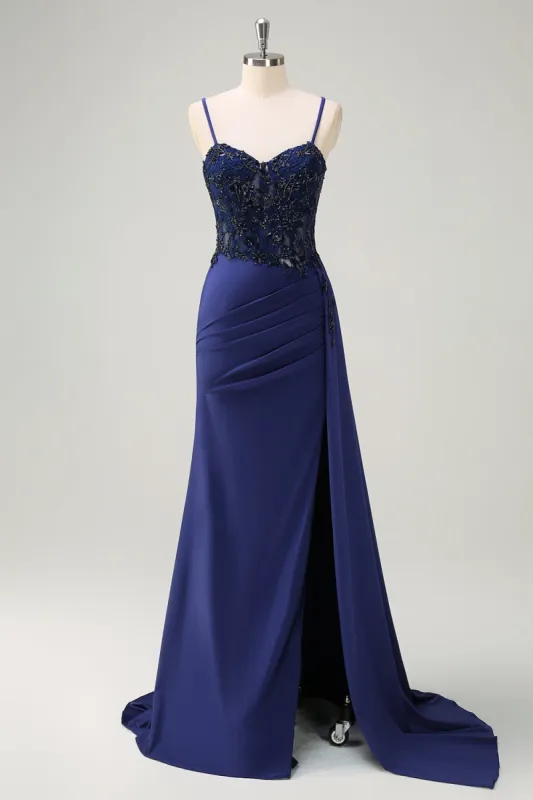 Navy Blue Mermaid Spaghetti Straps Ruched Streamer Long Prom Dress with Lace sold by Zapaka